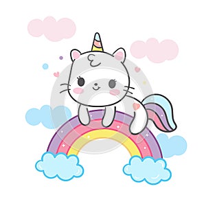 Kawaii Cat cartoon in unicorn vector on rainbow cute animal pastel color