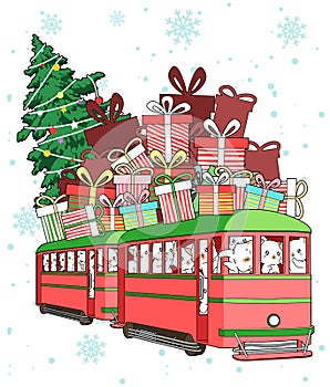 Kawaii cat characters in the Christmas tram with gifts and Christmas tree