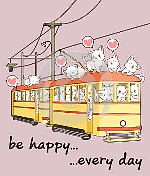 Kawaii cat characters in the vintage tram