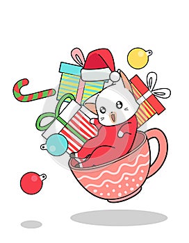 Kawaii cat and gifts inside a cup in Christmas day