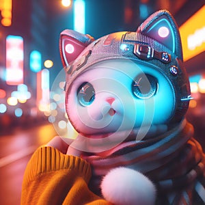 Kawaii cat robot in the city at night. 3d rendering.