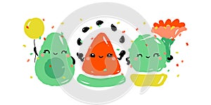 Kawaii characters of avocado, watermelon and cactus celebrating joyful holiday. Happy fruits with cute gifts. Vector illustration