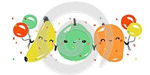 Kawaii characters of banana, guava and mango celebrating joyful holiday. Cute fruits with multicolored balloons