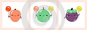 Kawaii characters of lychee, guava and mangosteen. Cute happy fruits with multicolored balloons. Vector illustration