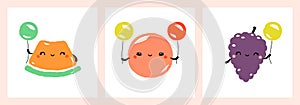 Kawaii characters of melon, grapefruit and grapes. Cute happy fruits with multicolored balloons. Vector illustration