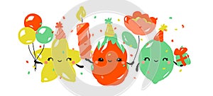 Kawaii characters of star fruit, dragon fruit and lime celebrating birthday party. Happy fruits with cute gifts
