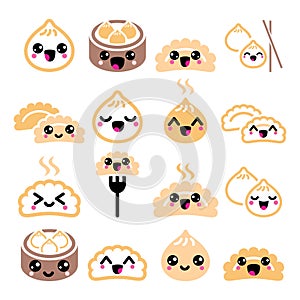 Kawaii Chinese dumplings, cute Asian food Dim Sum vector icons set