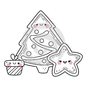 Kawaii christmas elements coloring page for kids. Cartoon vector illustration