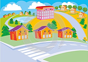 Kawaii cityscape with houses with ears and smiles, vector illustration, cartoon illustration