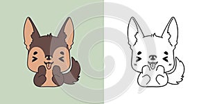 Kawaii Clipart German Shepherd Dog Illustration and For Coloring Page. Funny Kawaii Puppy.