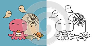 Kawaii Clipart Halloween Octopus Illustration and For Coloring Page. Funny Kawaii Halloween Animal.