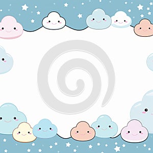 kawaii cloud border with cute clouds and stars on a blue background