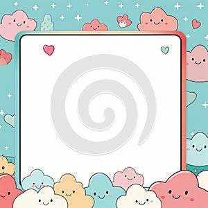 kawaii cloud frame with hearts and clouds on a blue background