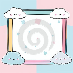 kawaii cloud frame with kawaii clouds on a pink and blue background