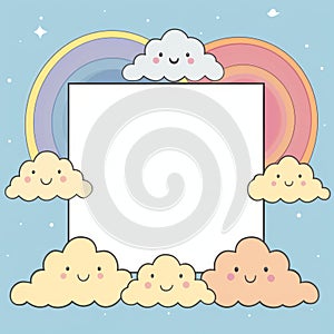 kawaii cloud frame with rainbow and clouds on a blue background