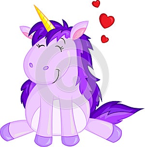 Kawaii color illustration of a purple baby unicorn, in love, with hearts, perfect for children`s book, or Valentine`s Day card