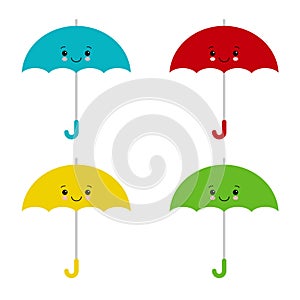 Kawaii Colored umbrellas. Vector illustration, flat cartoon style. Cute parasol