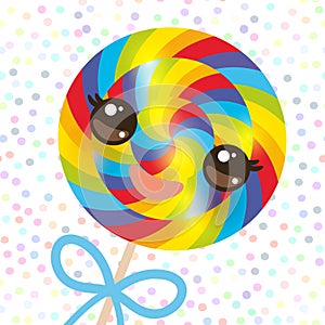 Kawaii colorful candy lollipop with bow, spiral candy cane. Candy on stick with twisted design with pink cheeks and winking eyes,