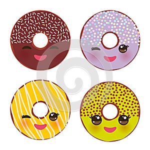 Kawaii colorful donut with pink cheeks and winking eyes, Sweet donuts set with icing and sprinkls isolated, banner design, card te