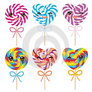 Kawaii colorful Set candy lollipops with bow, spiral candy cane.