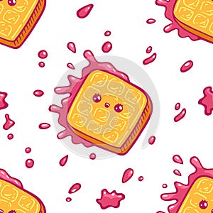 Kawaii colorful waffles seamless pattern. Cartoon style doodle sweety character. Emotional face icon candy shop. Hand drawn illust