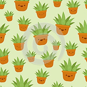 kawaii cute aloe vera in brown clay pot cartoon emoji illustration seamless pattern