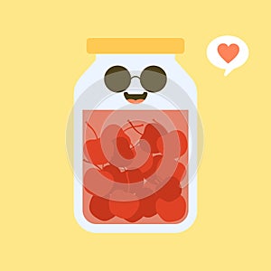 kawaii and cute cherry in jar. Canned fruits. Tinned goods product stuff, preserved food, supplied in a sealed can. Isolated.