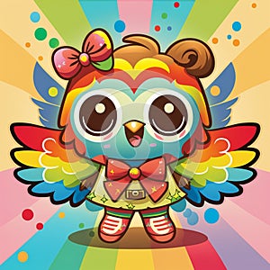 Kawaii cute colorful owl with big eyes, bows and dotts