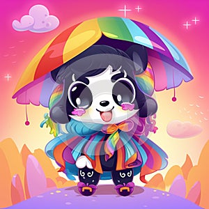 Kawaii cute dog with rainbow dress and rainbow umbrella