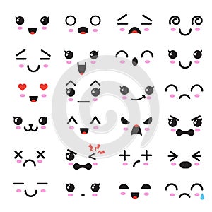 Kawaii cute faces. Manga style eyes and mouths. Funny cartoon japanese emoticon in in different expressions