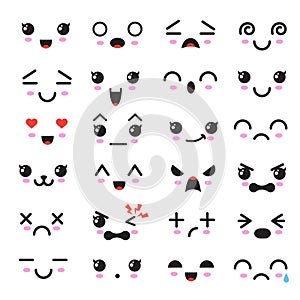 Kawaii cute faces. Manga style eyes and mouths. Funny cartoon japanese emoticon in in different expressions photo