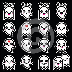 Kawaii cute ghost for Halloween icons set on black