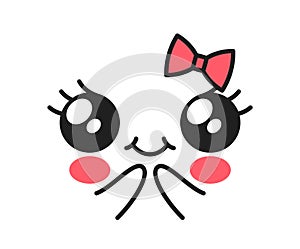 Kawaii Cute Girl Face Emoji with a Bow, Large, Round Eyes, Small Mouth With A Smile Or Blush, And Rosy Cheeks