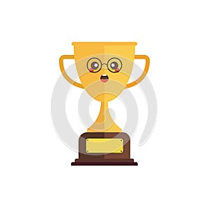 Kawaii and Cute Gold Trophy Vector Icon Illustration. Golden Goblet With Kawaii Face Sport Icon Concept White Isolated. Flat