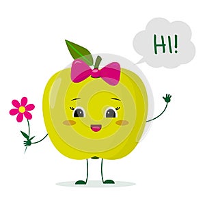 Kawaii cute green apple fruit cartoon character with a pink bow holding a flower and welcomes. Logo, template, design. Vector