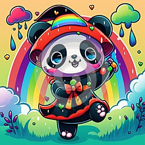 Kawaii cute panda with red and black dress and colorful clouds and rainbow