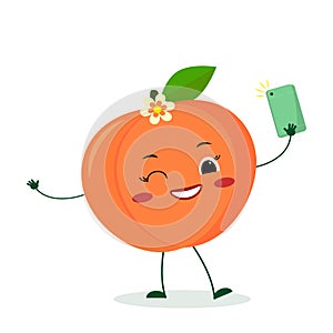 Kawaii cute peach fruit cartoon character with a smartphone and does selfie. Logo, template, design. Vector illustration