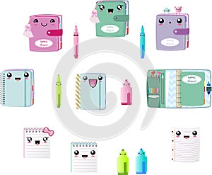 Kawaii cute Planners Clipart Vector EPS, notebook, pen, marker, book with tassel and paperclips