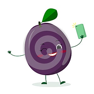 Kawaii cute purple plum fruit cartoon character with a smartphone and does selfie. Logo, template, design. Vector illustration, a