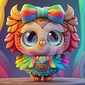 Kawaii cute rainbow owl with big eyes and bow on a gradiant background. 3D Illustrationc