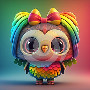 Kawaii cute rainbow owl with big eyes and bow on a gradiant background. 3D Illustrationc
