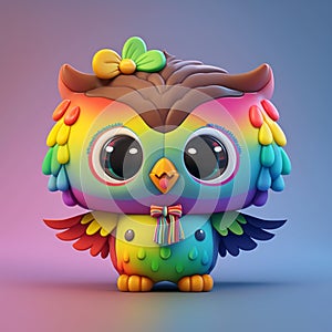 Kawaii cute rainbow owl with big eyes and bows on a gradiant background. 3D Illustrationc