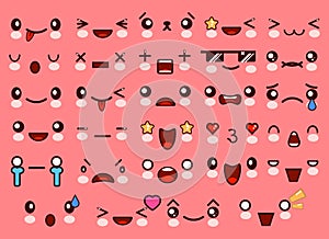 Kawaii cute smile emoticons and Japanese anime emoji faces expressions. Vector cartoon style comic sketch icons set