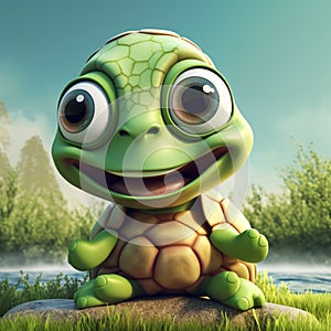 Kawaii cute smiling turtle on the rock by the lake