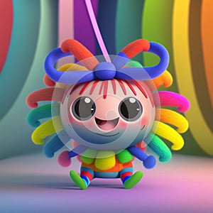 Kawaii cute rainbow spider girl with big eyes on a gradiant background. 3D Illustration