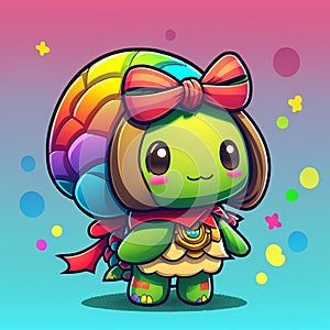 Kawaii cute turtle girl with rainbow shell and red bow