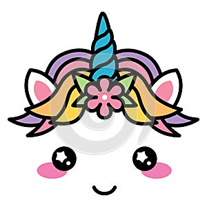 Kawaii cute unicorn face rainbow pastel color with flower photo