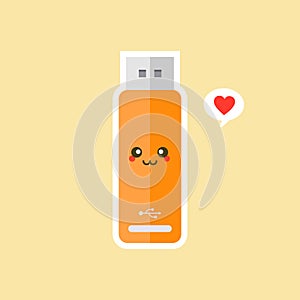 kawaii and cute USB Flash Drive icon isolated on color background. Memory Stick icon in flat style. Flash disk character with face