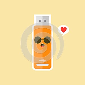 kawaii and cute USB Flash Drive icon isolated on color background. Memory Stick icon in flat style. Flash disk character with face