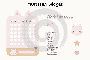 Kawaii digital monthly widget. Kawaii widget with cute kitten.